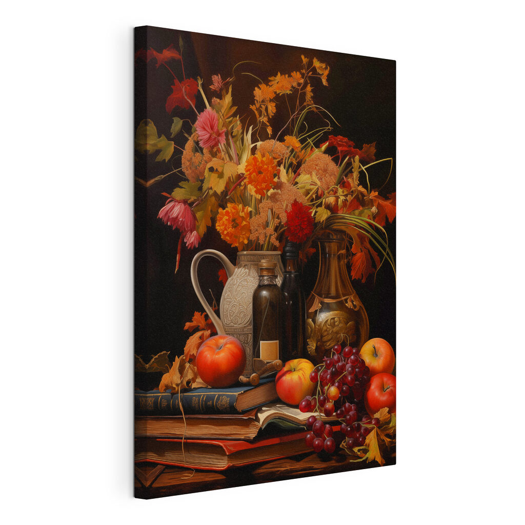 Bouquet d’automne et fruits, toile tendue et bord enveloppé