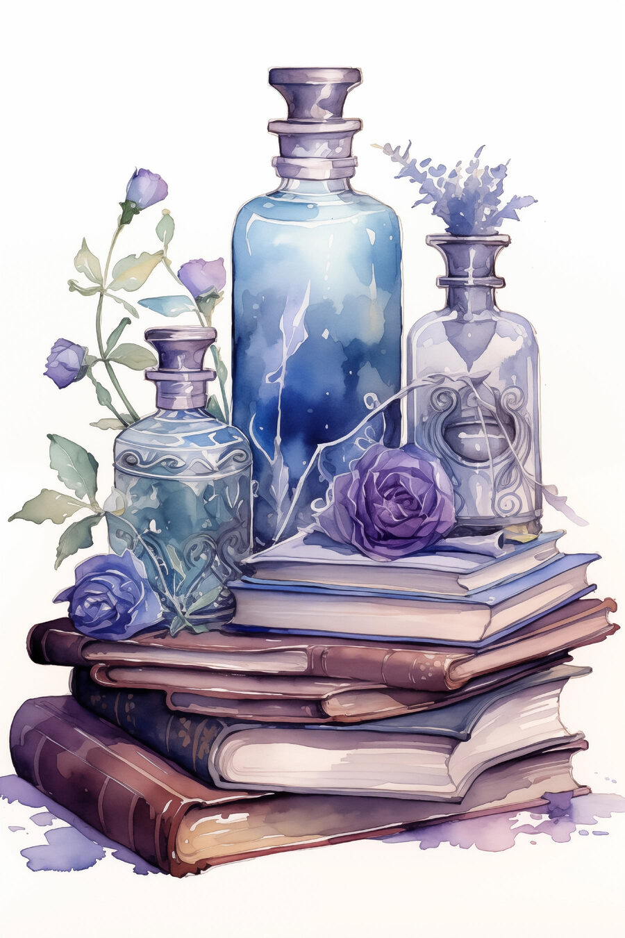 Flacons violets et livres — motif complet