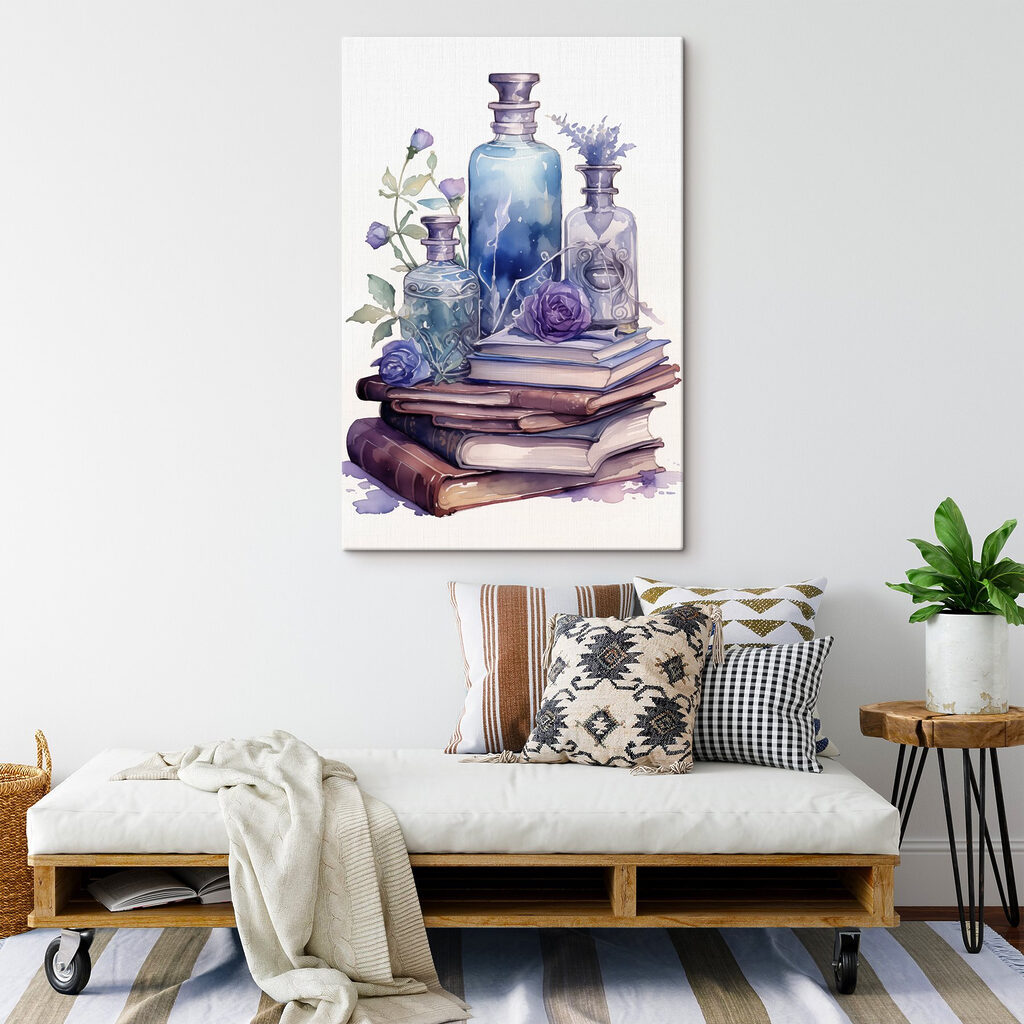 Flacons violets et livres — intérieur 1