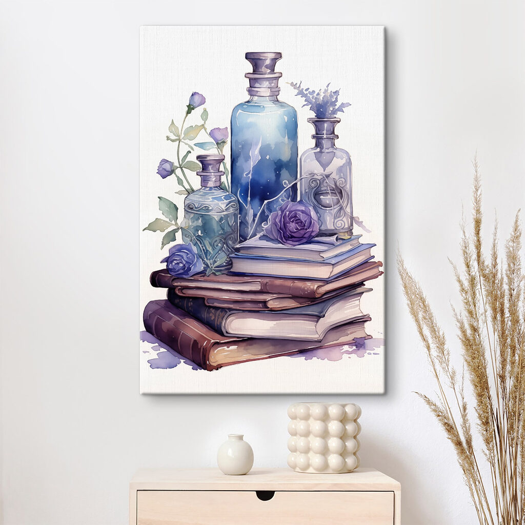Flacons violets et livres — intérieur 2