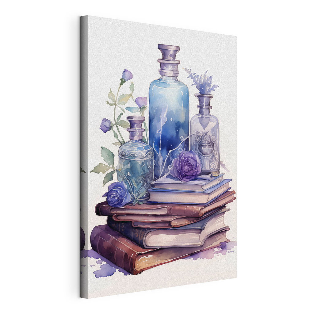Flacons violets et livres, toile tendue et bord enveloppé