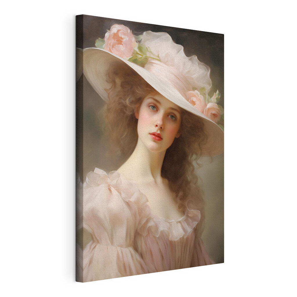 Femme au chapeau fleuri, toile tendue et bord enveloppé