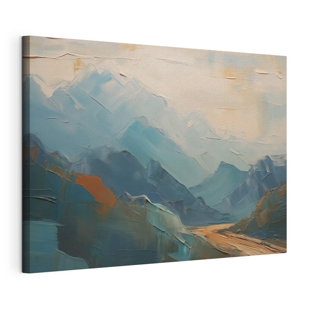 Montagnes bleues et ocre, toile tendue et bord enveloppé