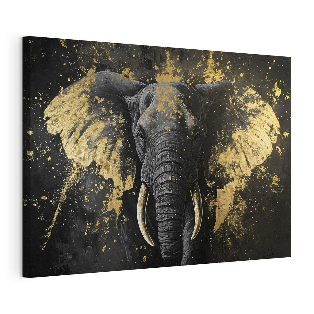 Éléphant aux éclats dorés, toile tendue et bord enveloppé