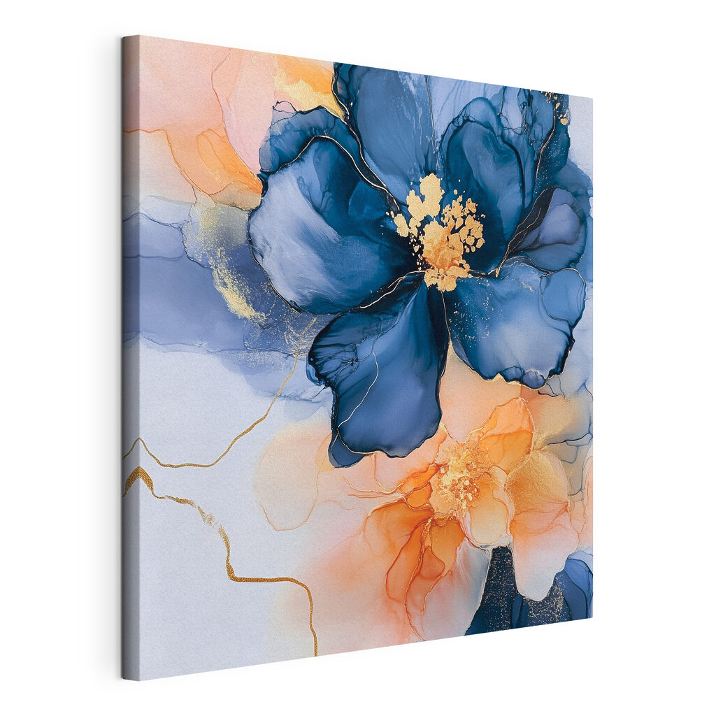 Fleur bleue sur pêche, toile tendue et bord enveloppé