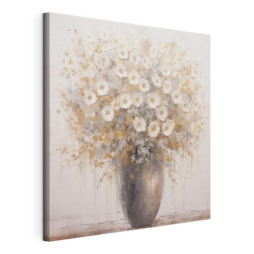 Petites fleurs en gris, toile tendue et bord enveloppé