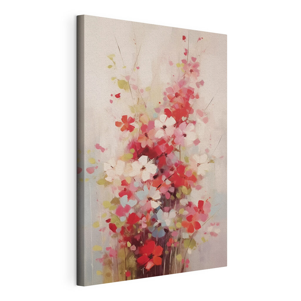 Fleurs roses par touches, toile tendue et bord enveloppé