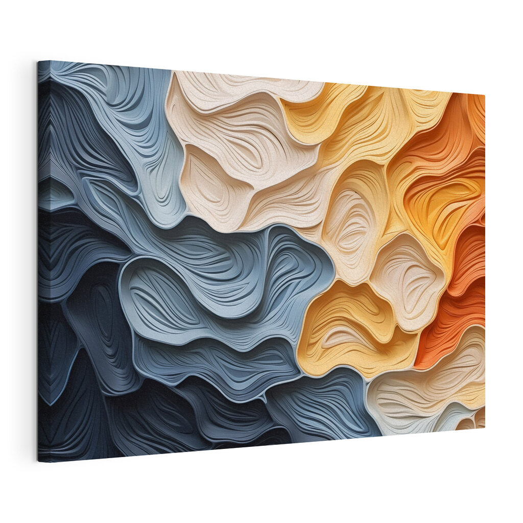 Plis bleus et orange, toile tendue et bord enveloppé