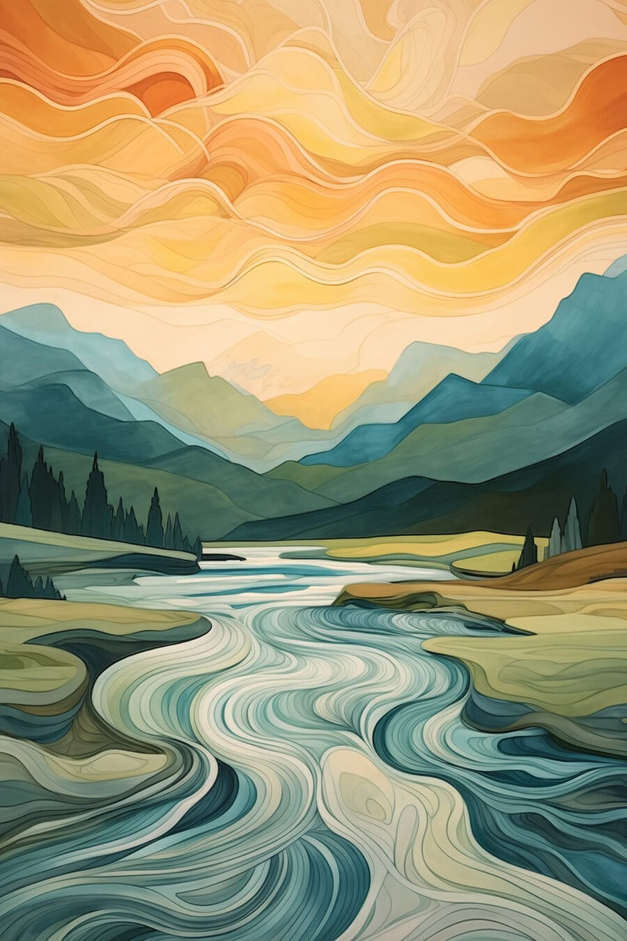 Rivière au ciel orange — motif complet