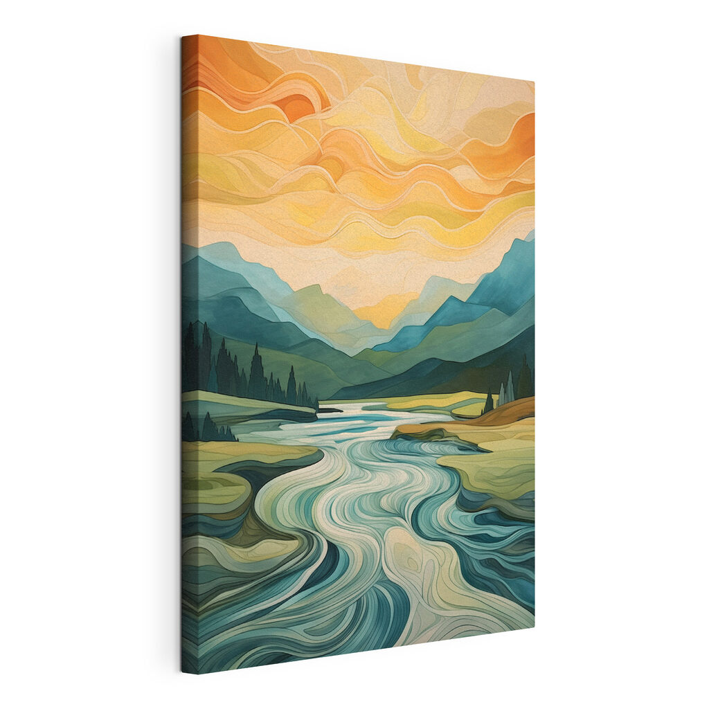 Rivière au ciel orange, toile tendue et bord enveloppé
