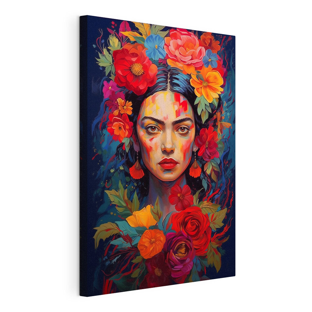 Frida aux fleurs ardentes, toile tendue et bord enveloppé
