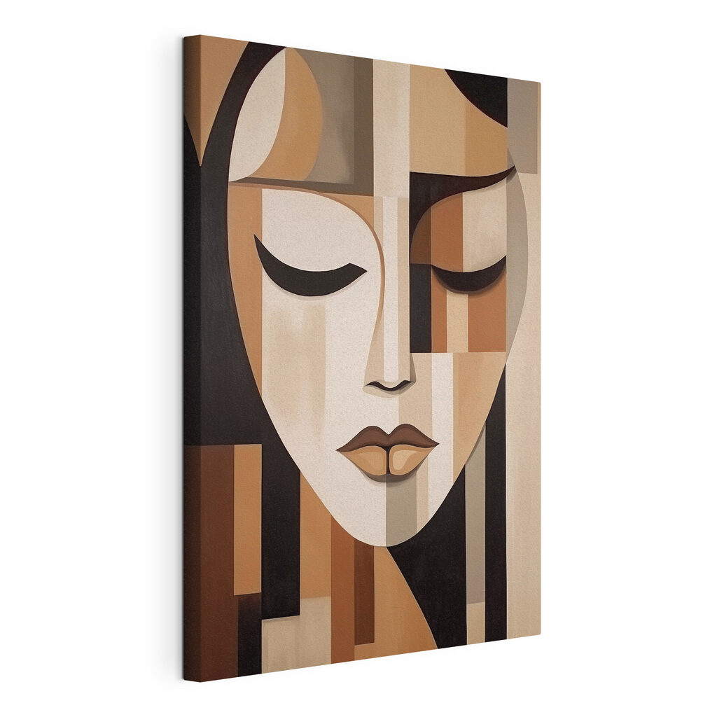 Visage paisible en brun, toile tendue et bord enveloppé