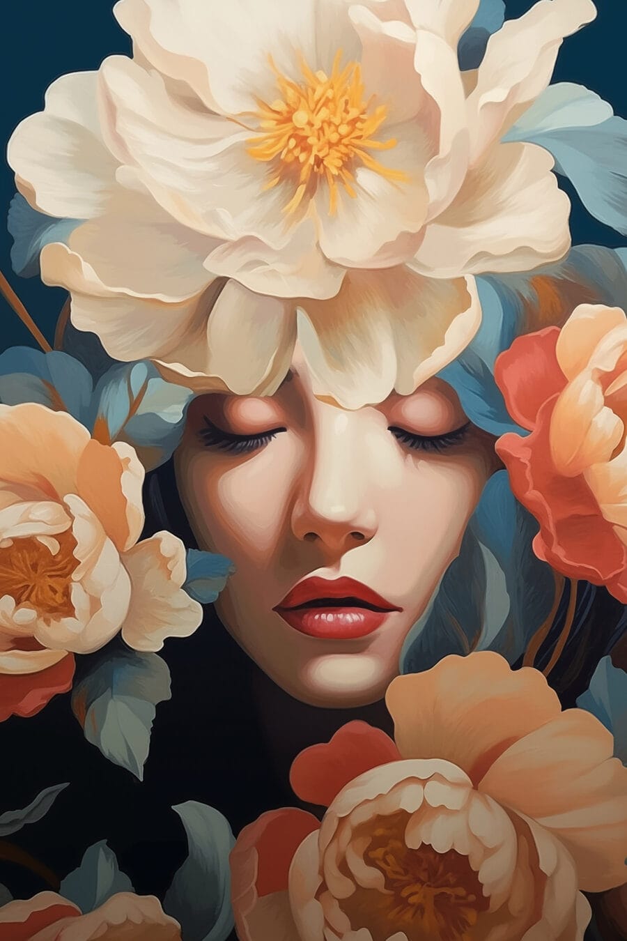 Femme aux fleurs pêche — motif complet