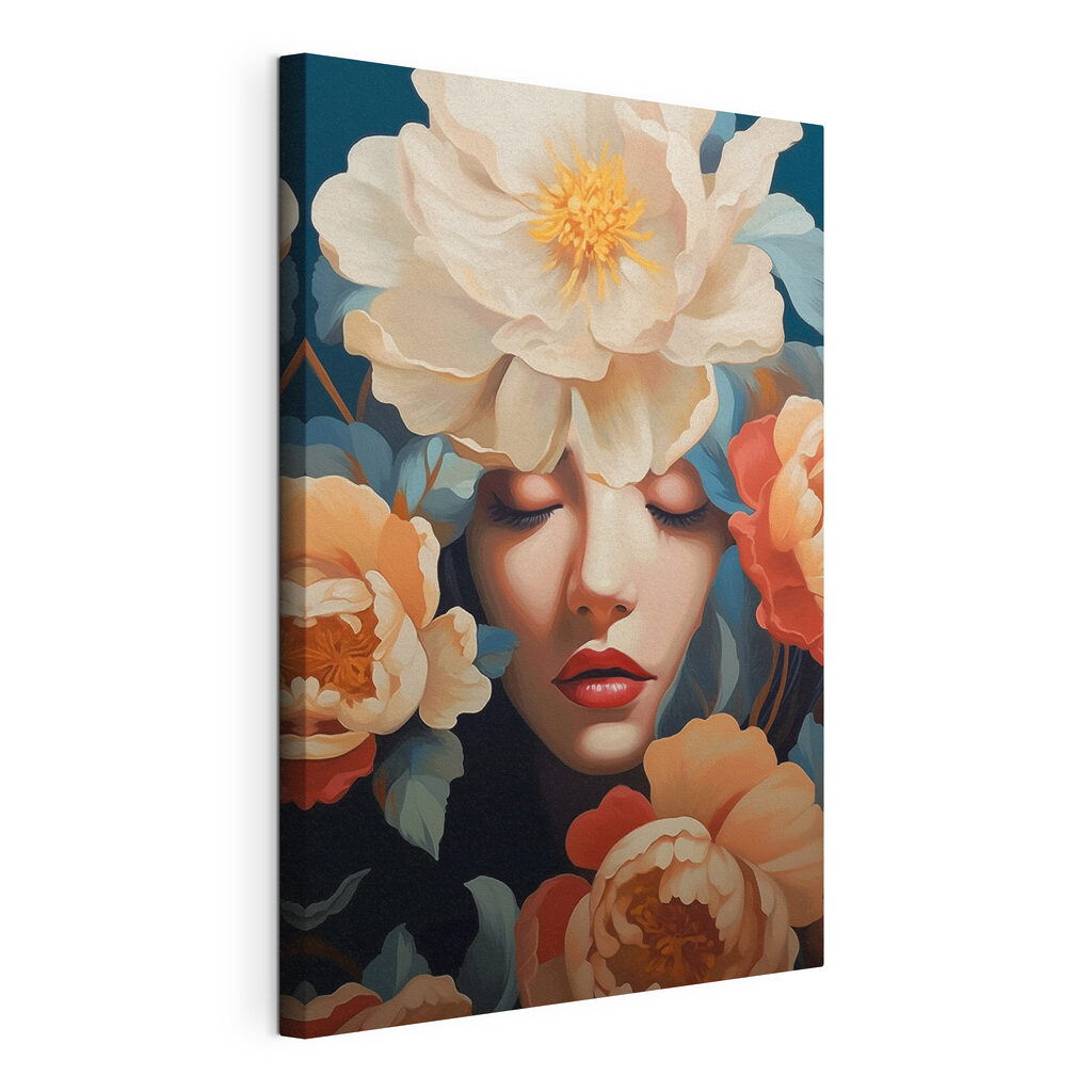 Femme aux fleurs pêche, toile tendue et bord enveloppé