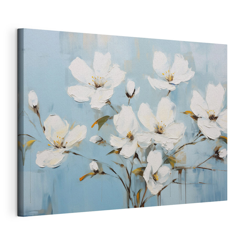 Branches blanches sur bleu, toile tendue et bord enveloppé