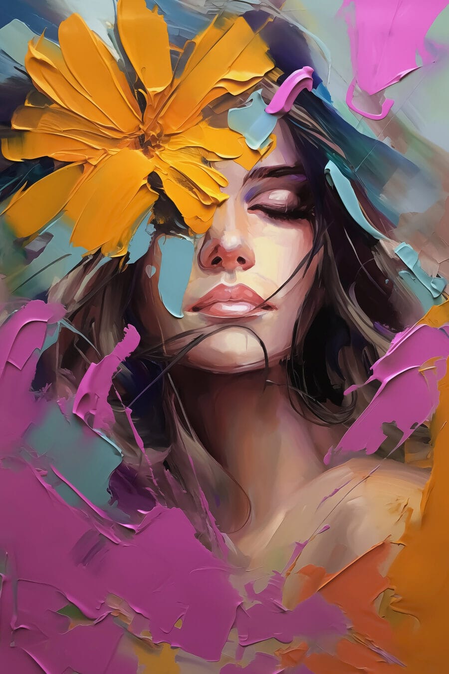 Visage aux fleurs vives — motif complet