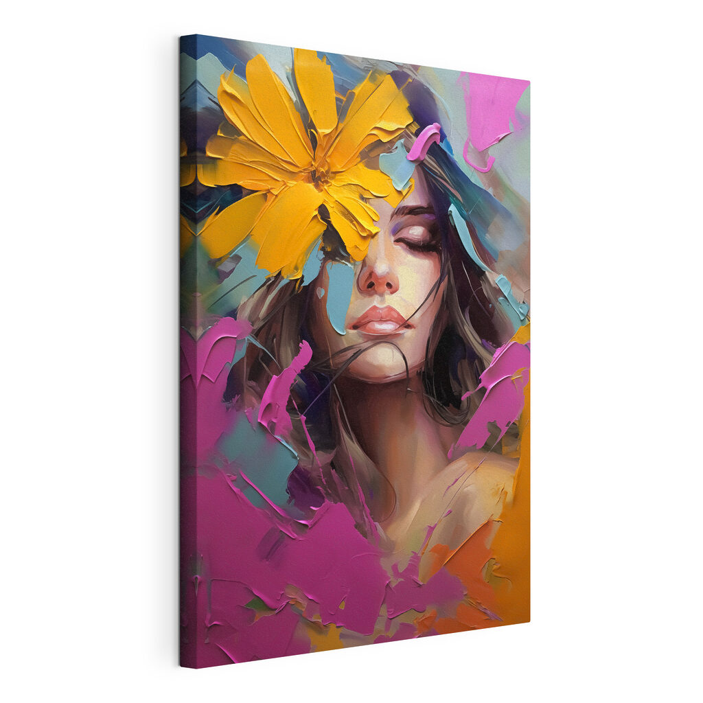 Visage aux fleurs vives, toile tendue et bord enveloppé