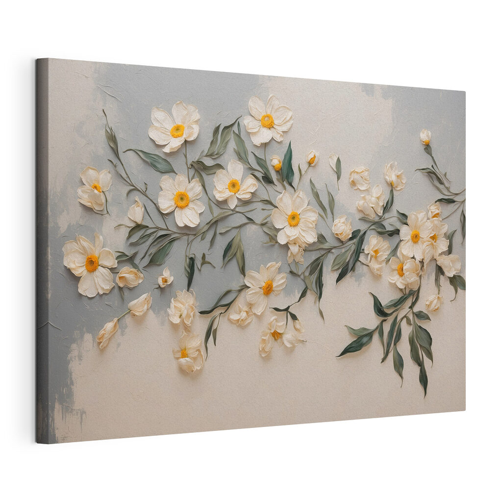 Rameau en fleurs blanches, toile tendue et bord enveloppé