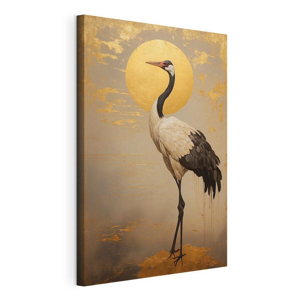 Grue au soleil doré, toile tendue et bord enveloppé