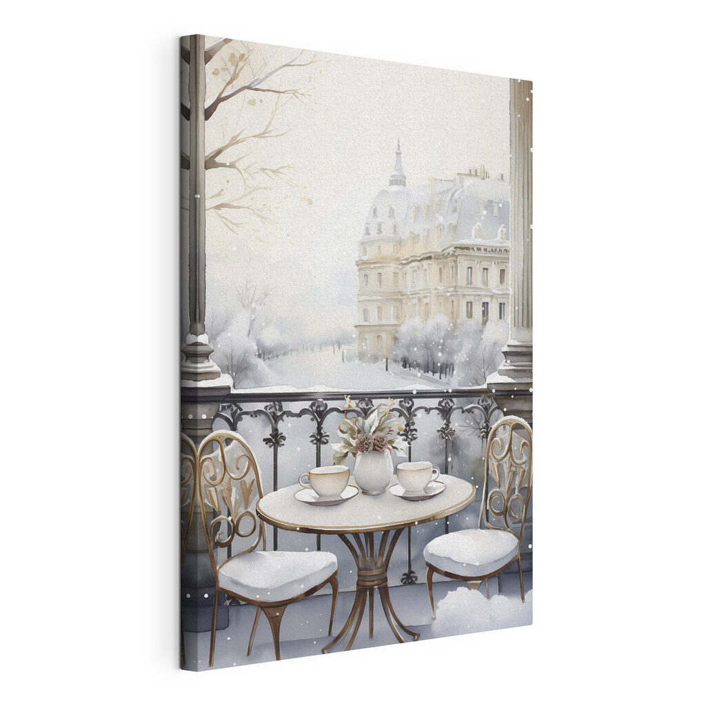 Terrasse enneigée parisienne, toile tendue et bord enveloppé