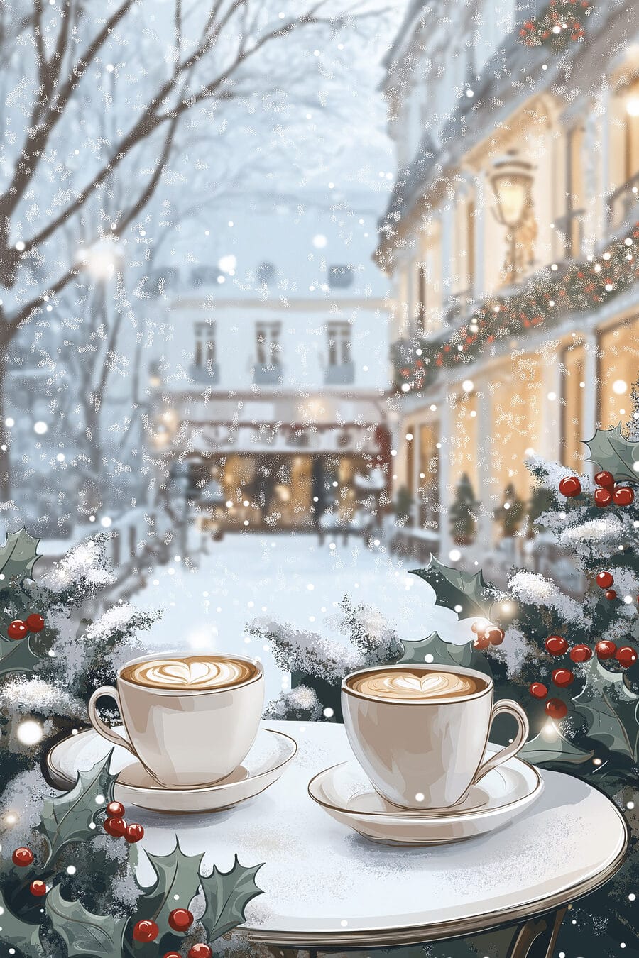 Café et façades illuminées — motif complet