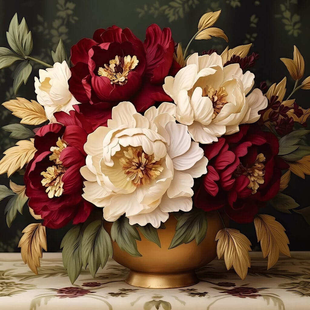 Pivoines rouges et blanches — motif complet