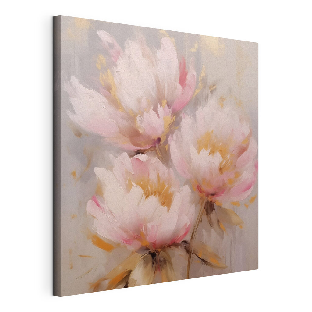 Pivoines roses, touches dorées, toile tendue et bord enveloppé