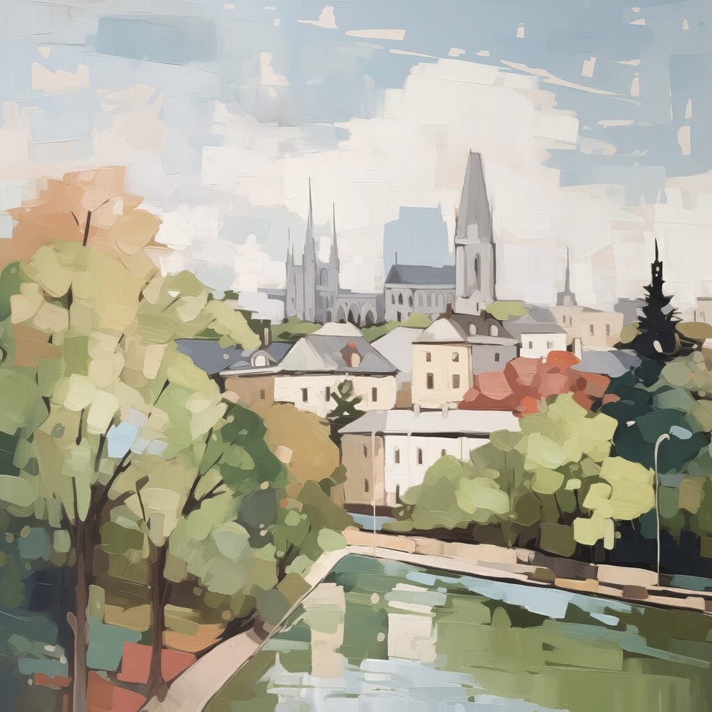 Ville et rivière verte — motif complet