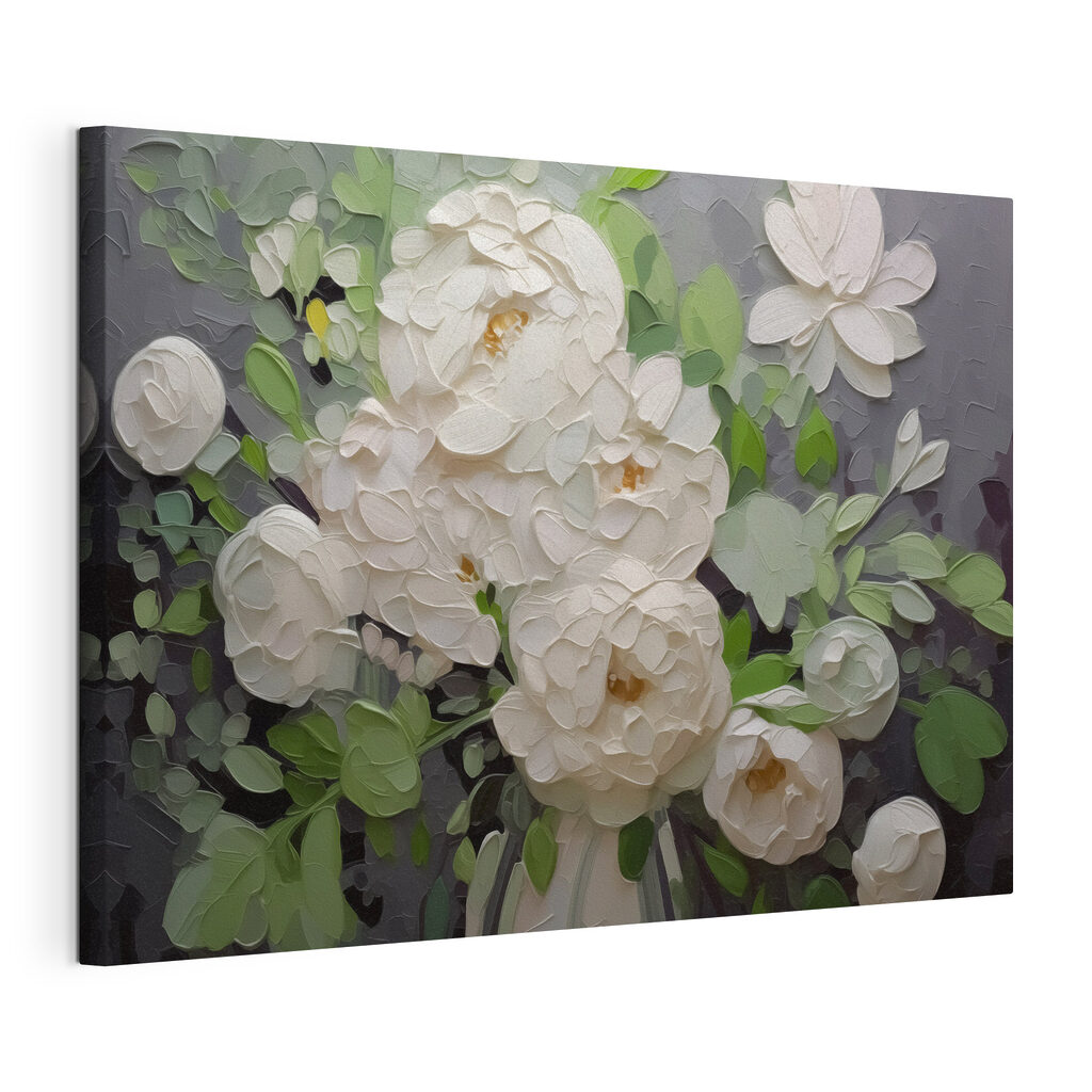 Pivoines crème, feuillage gris-vert, toile tendue et bord enveloppé