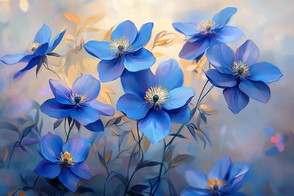 Fleurs bleues, feuilles dorées — motif complet