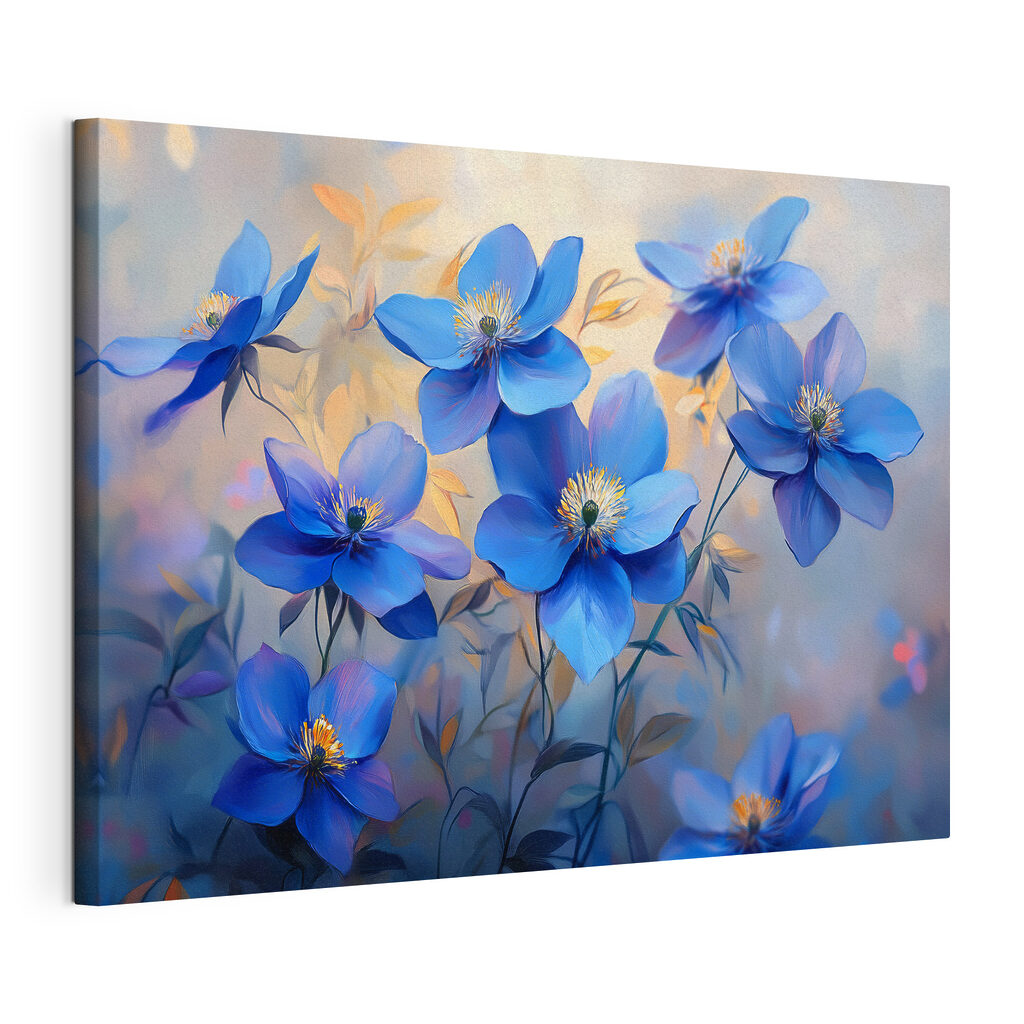 Fleurs bleues, feuilles dorées, toile tendue et bord enveloppé