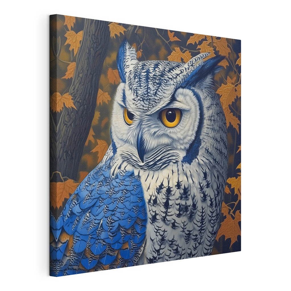 Grand-duc bleu en automne, toile tendue et bord enveloppé