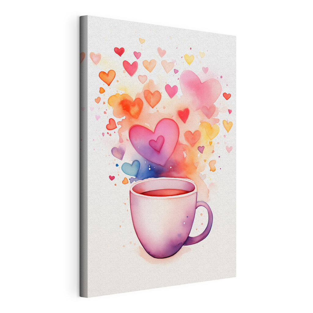 Tasse rose et cœurs, toile tendue et bord enveloppé