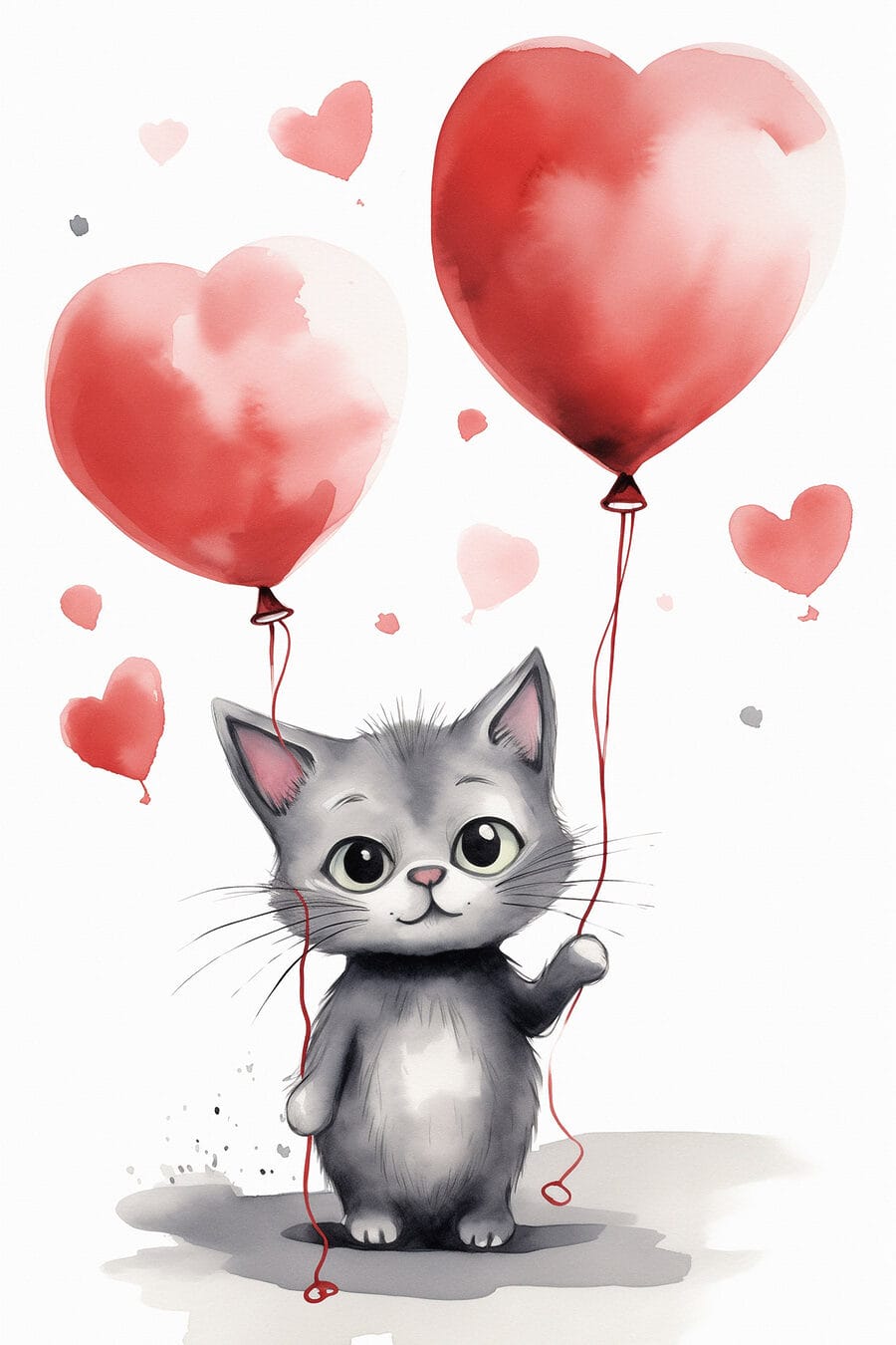 Chaton aux ballons cœurs — motif complet