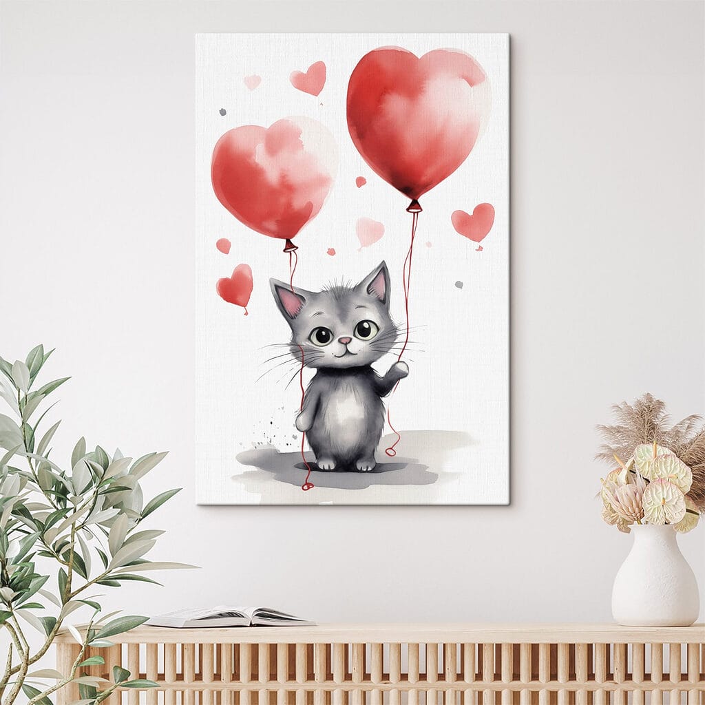 Chaton aux ballons cœurs — intérieur 1