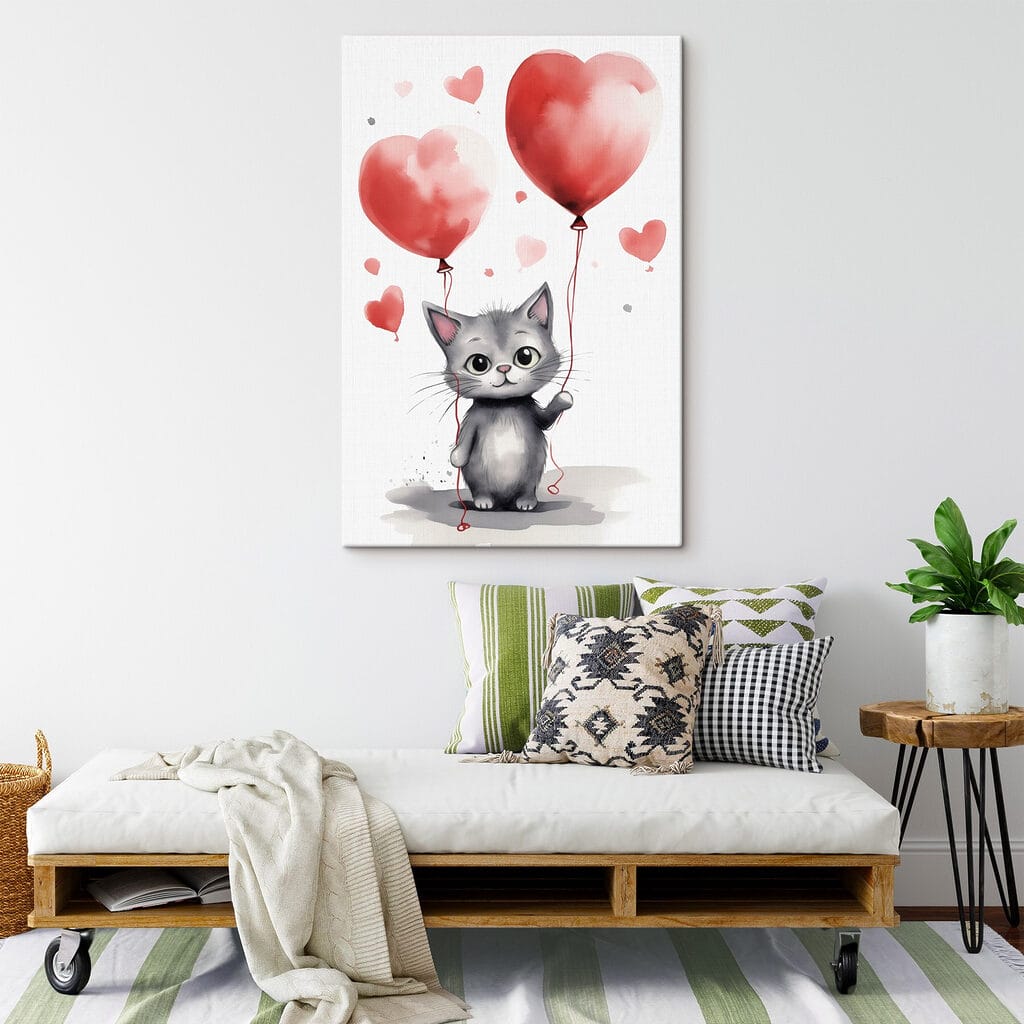 Chaton aux ballons cœurs — intérieur 2