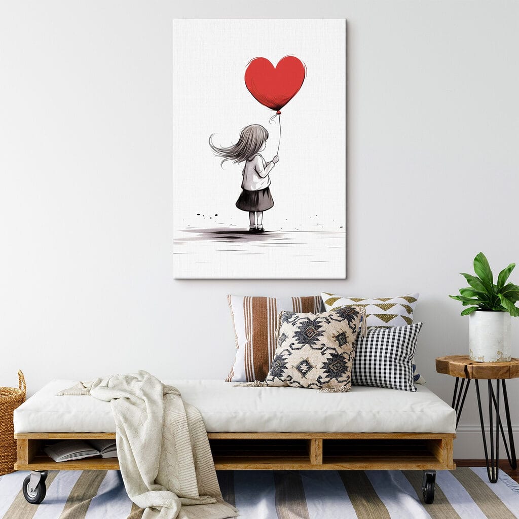 Fillette au ballon rouge dans un intérieur