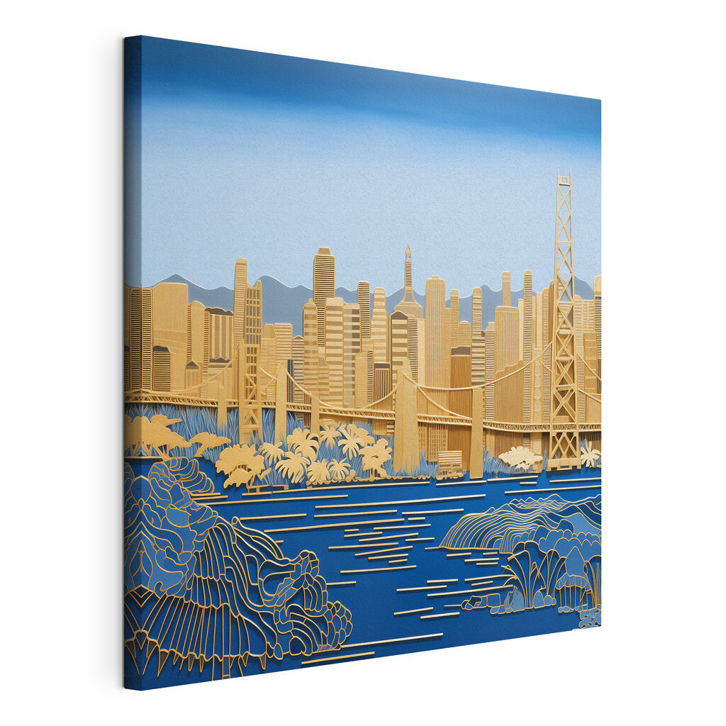 Pont doré sur l’eau, toile tendue et bord enveloppé