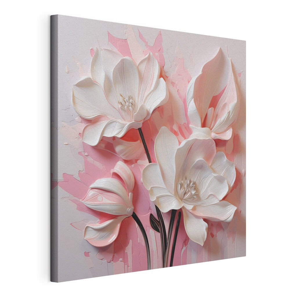 Fleurs blanches, rose vif, toile tendue et bord enveloppé