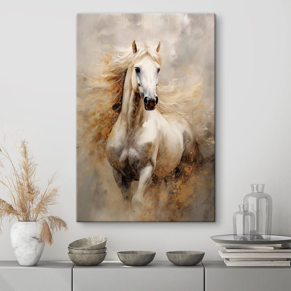 Cheval blanc, poussière dorée dans un intérieur