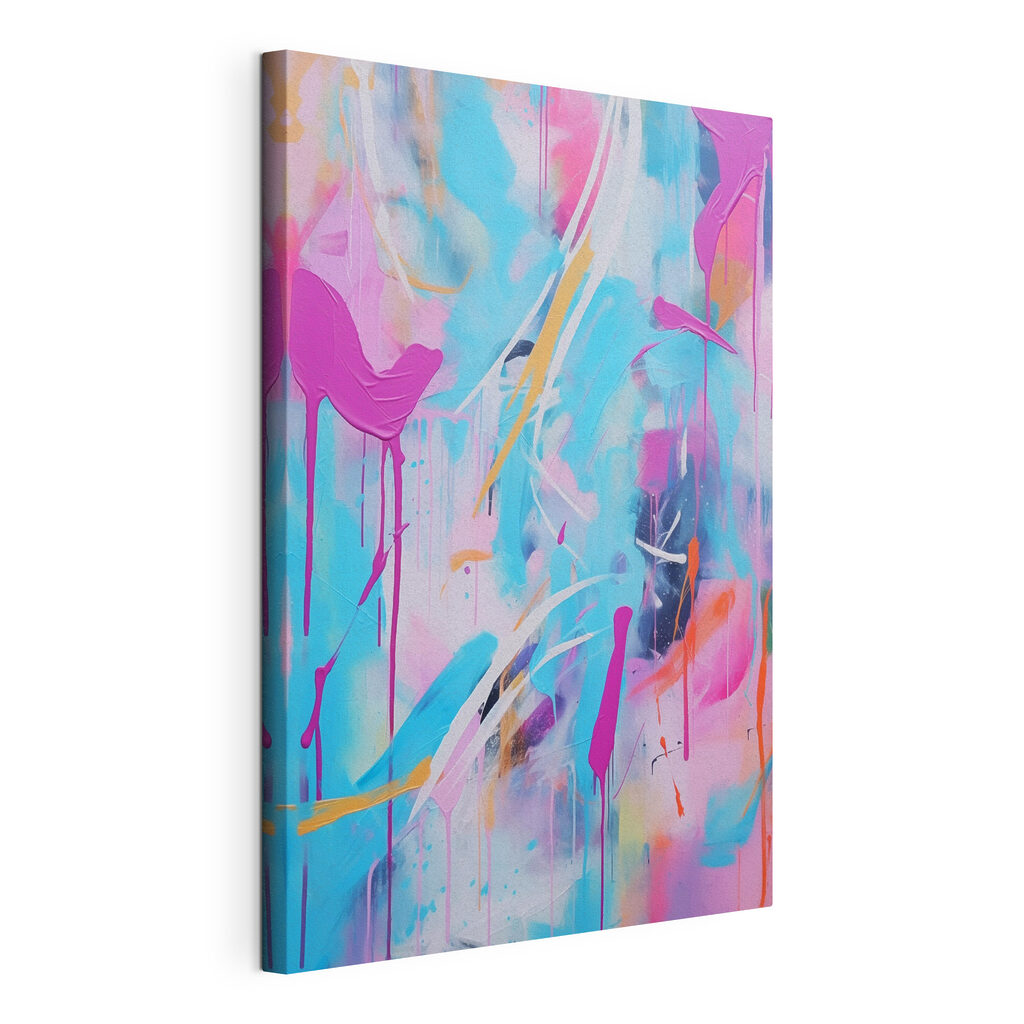 Traits roses sur turquoise, toile tendue et bord enveloppé