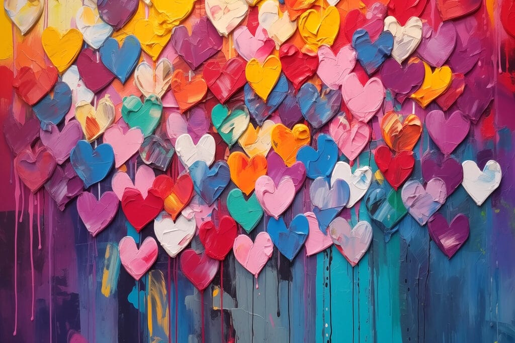 Pluie de cœurs colorés — motif complet