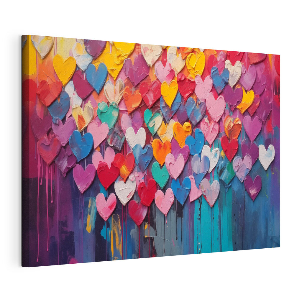 Pluie de cœurs colorés, toile tendue et bord enveloppé