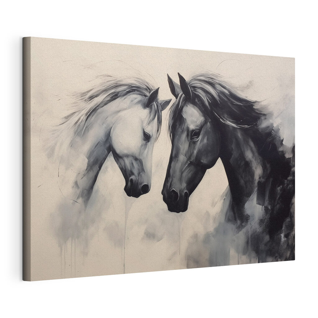 Chevaux dans la brume, toile tendue et bord enveloppé