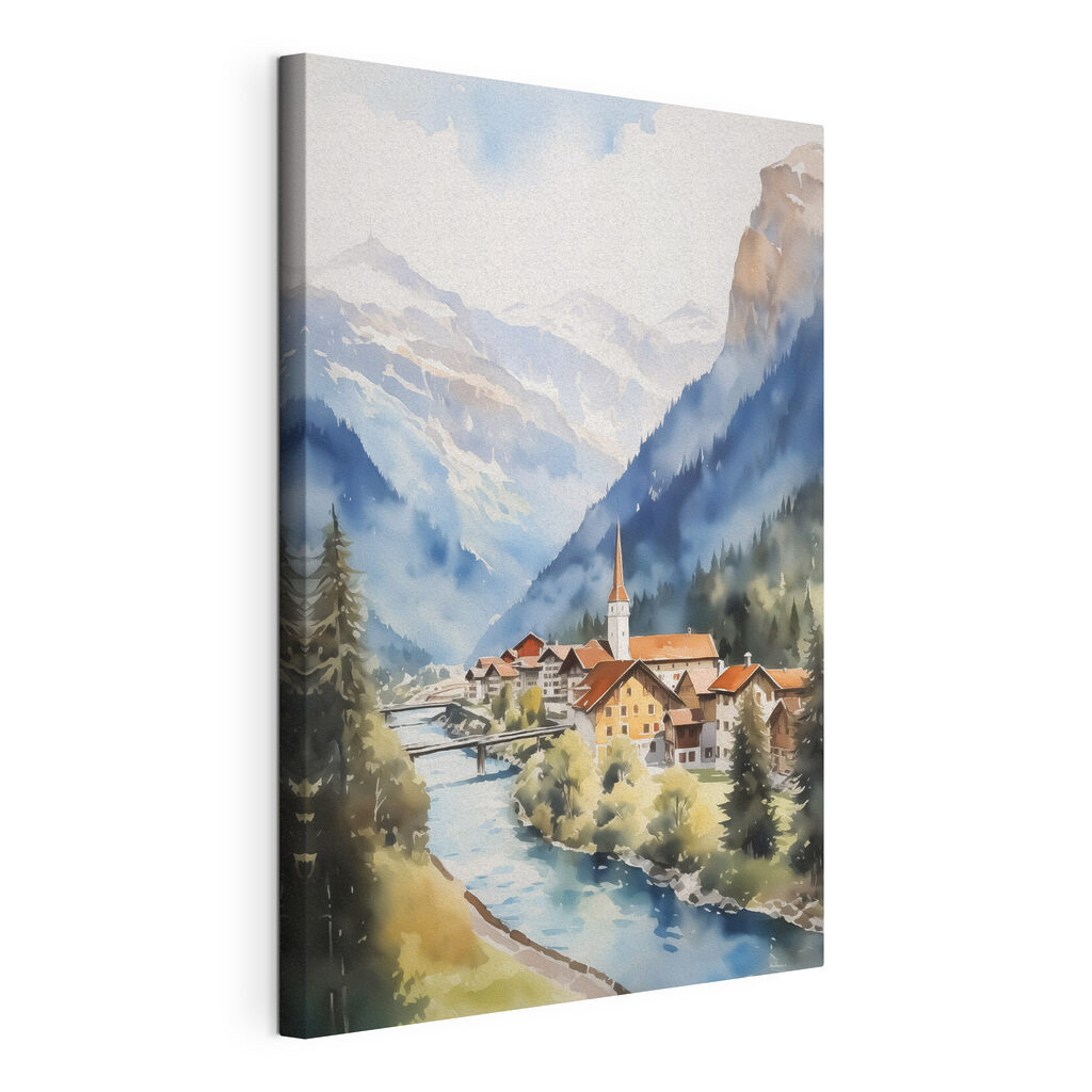 Village alpin et rivière, toile tendue et bord enveloppé