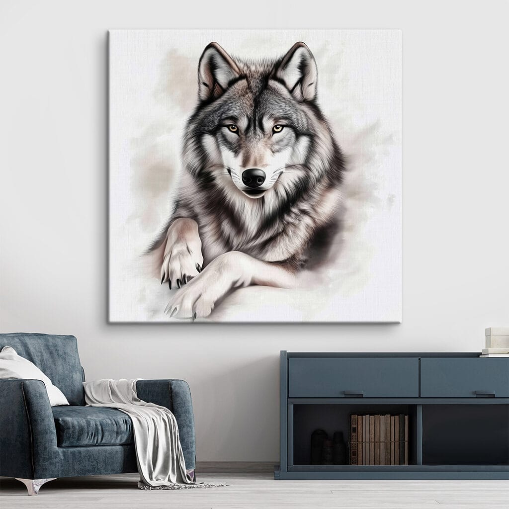 Loup aux pattes tendues dans un intérieur