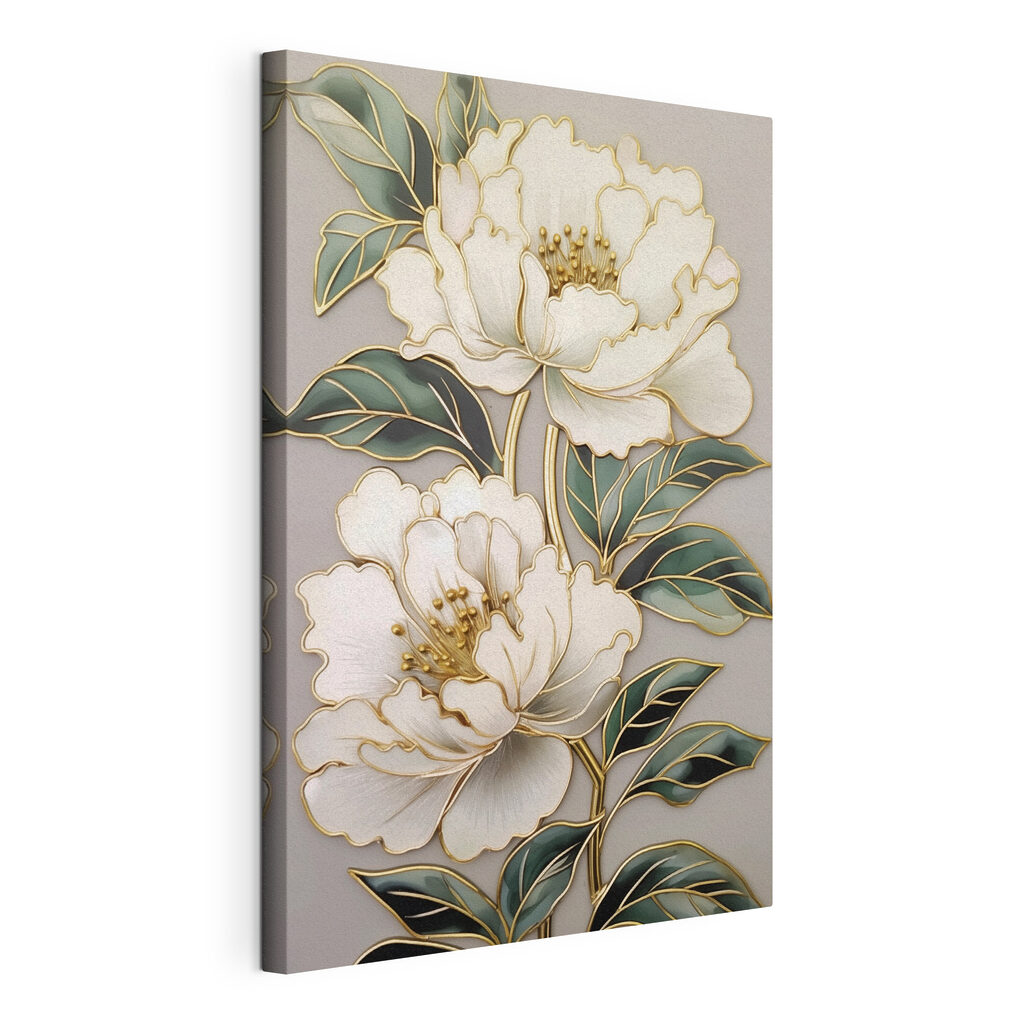 Fleurs crème cernées d’or, toile tendue et bord enveloppé