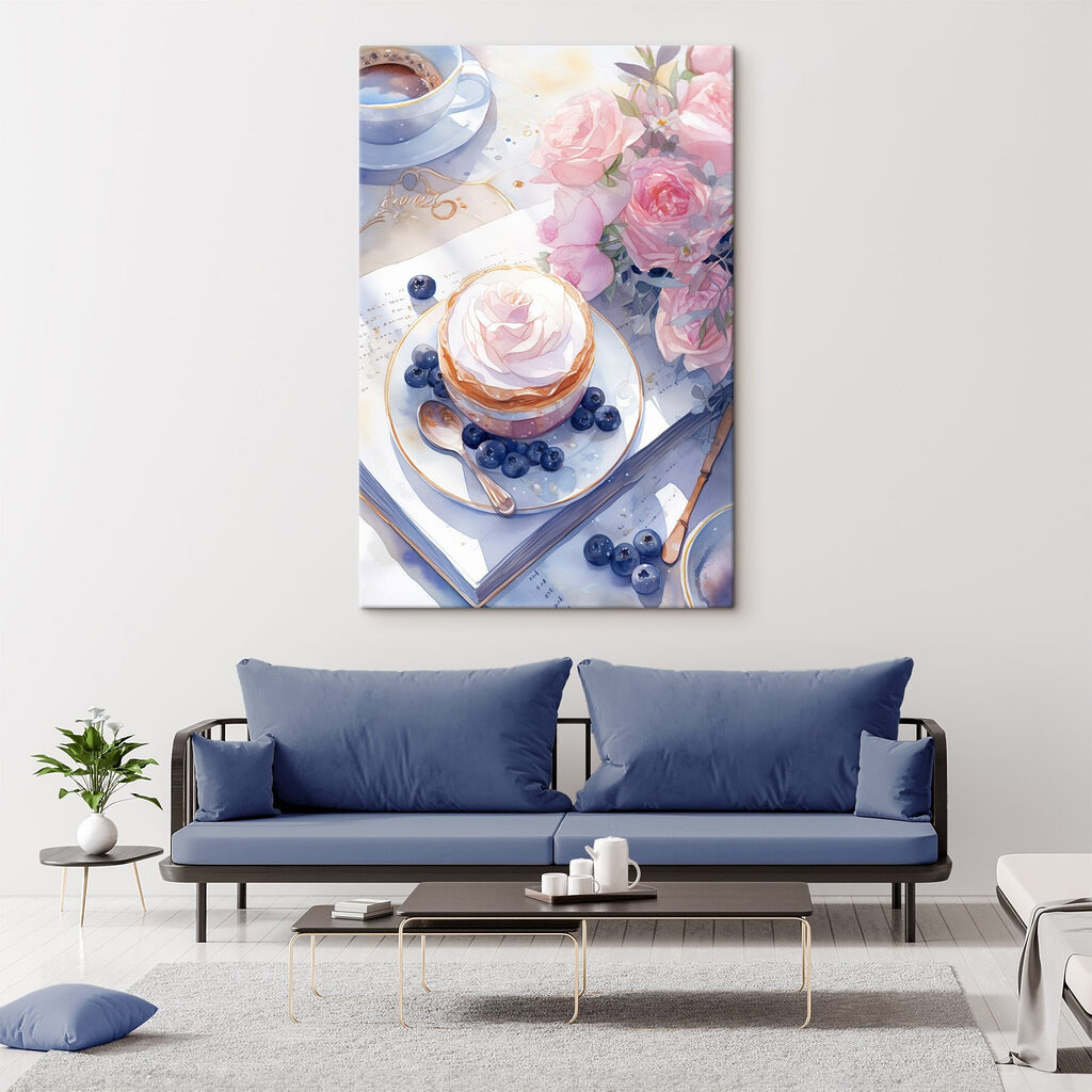 Pâtisserie et myrtilles dans un intérieur