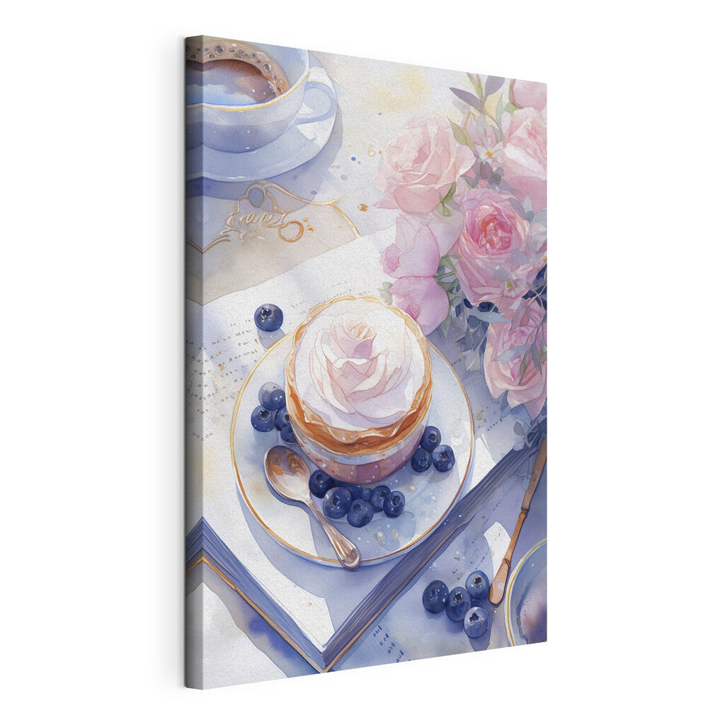 Pâtisserie et myrtilles, toile tendue et bord enveloppé