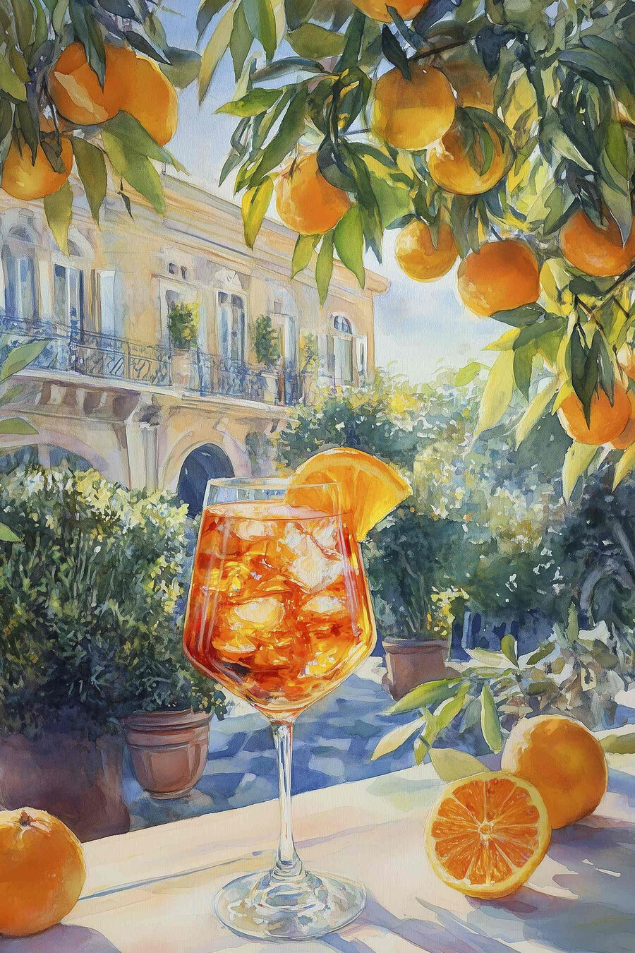 Oranges et façades colorées — motif complet